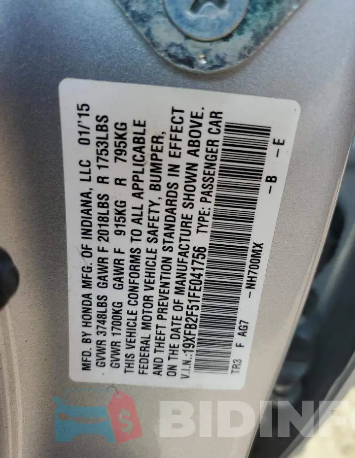 19XFB2F51FE041756 Photo# 12