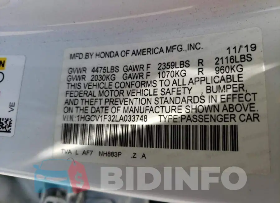 1HGCV1F32LA033748 Photo# 12