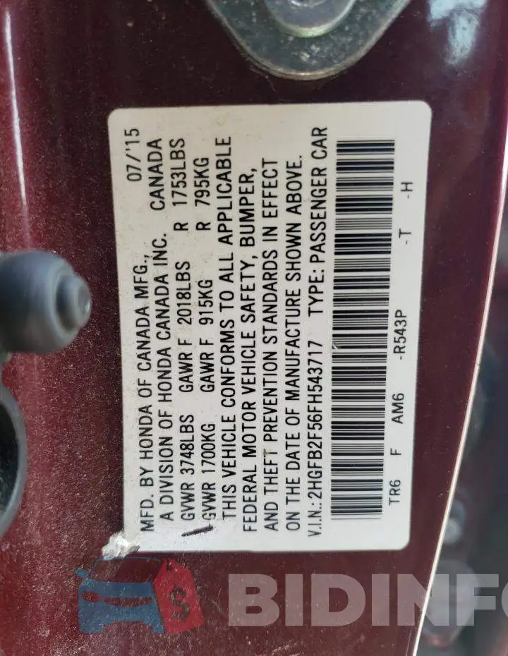 2HGFB2F56FH543717 Photo# 12