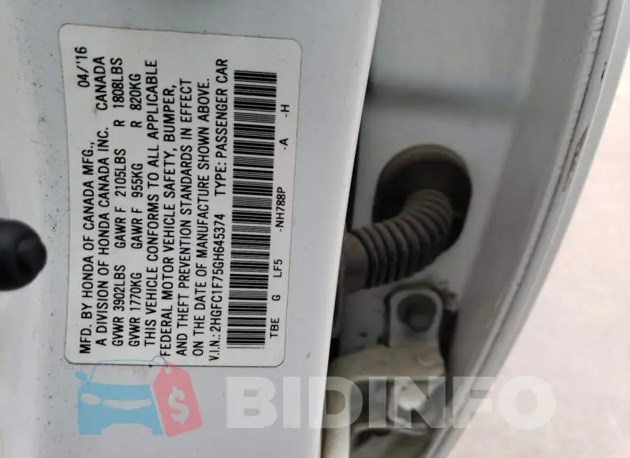 2HGFC1F75GH645374 Photo# 12