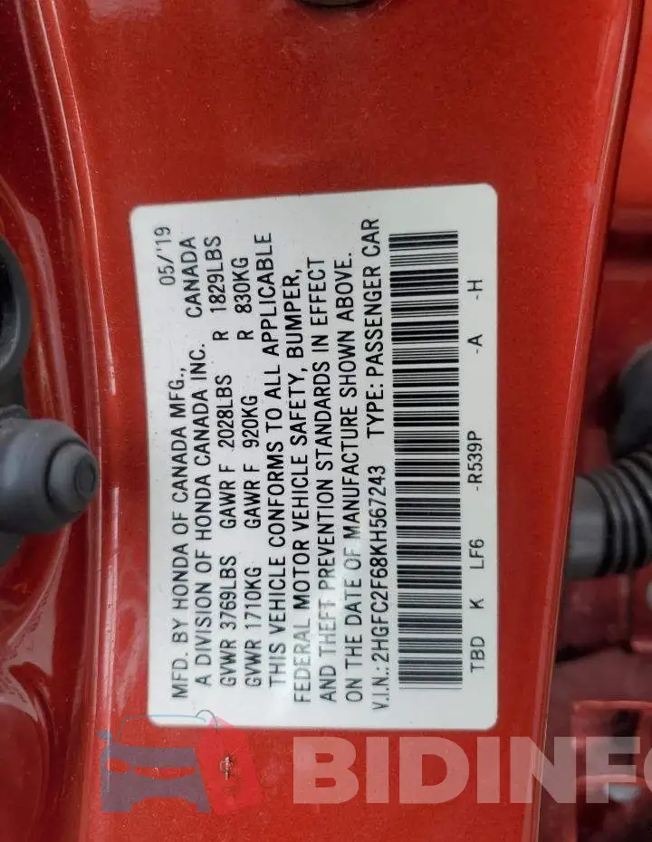 2HGFC2F68KH567243 Photo# 13