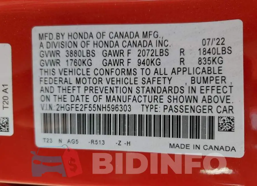 2HGFE2F55NH596303 Photo# 12