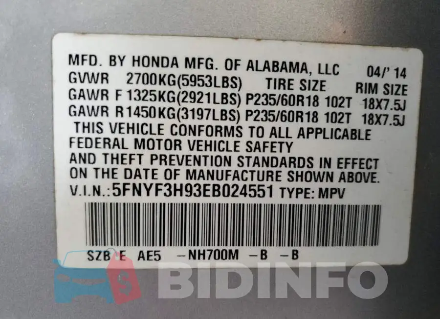 5FNYF3H93EB024551 Photo# 14