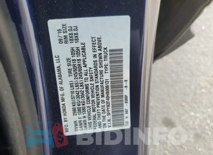 5FPYK2F40HB006131 Photo# 12