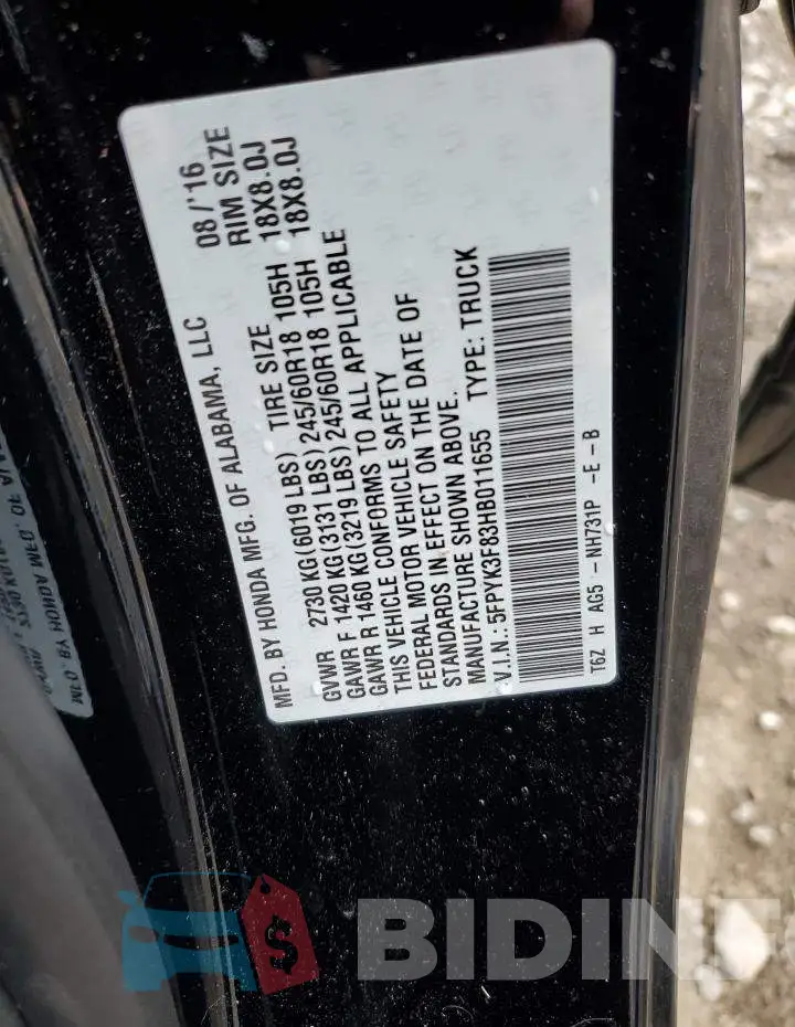 5FPYK3F83HB011655 Photo# 13