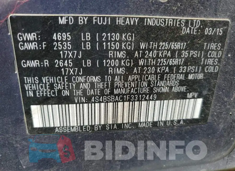 4S4BSBAC1F3312449 Photo# 12