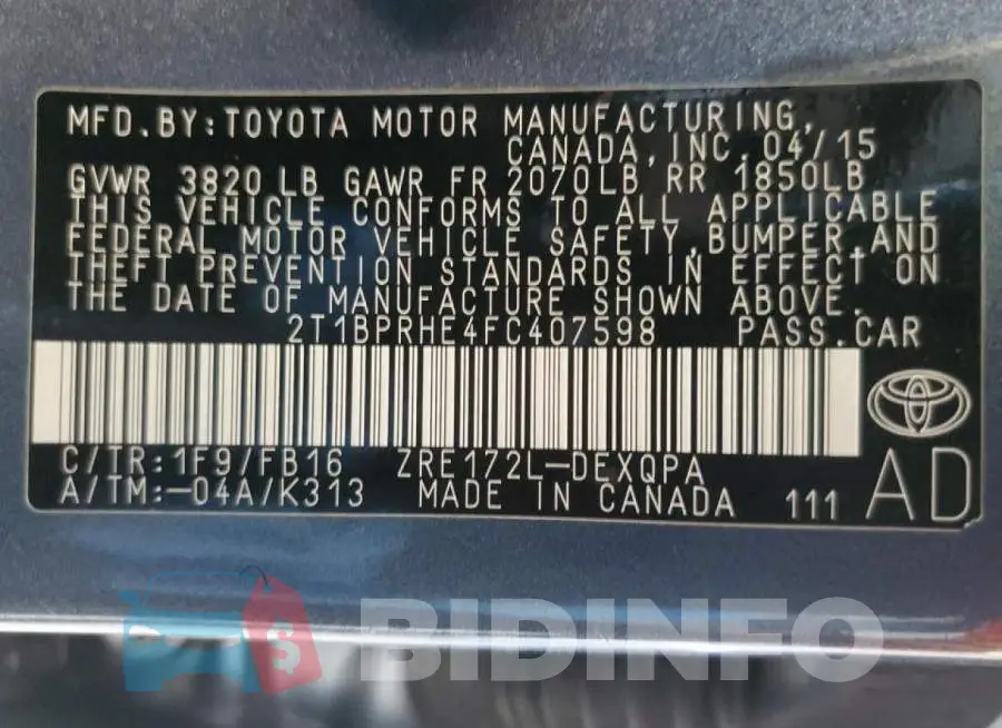 2T1BPRHE4FC407598 Photo# 13