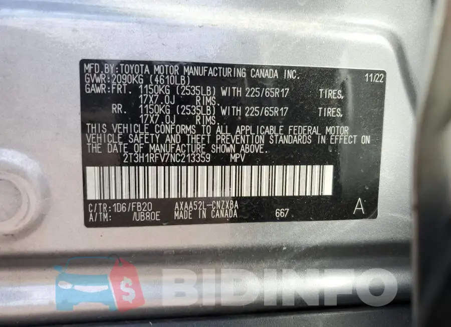 2T3H1RFV7NC213359 Photo# 14