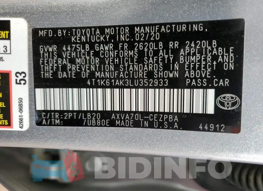 4T1K61AK3LU352933 Photo# 12
