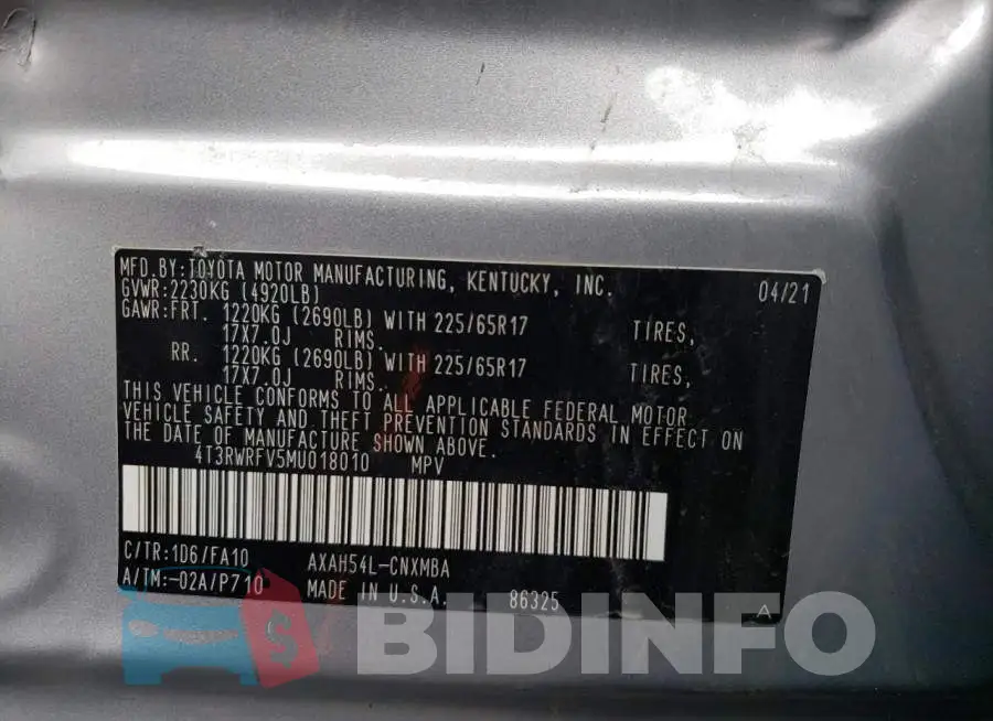 4T3RWRFV5MU018010 Photo# 13