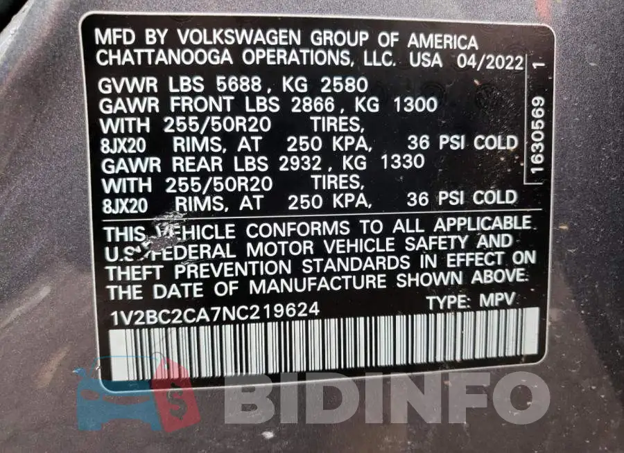 1V2BC2CA7NC219624 Photo# 13