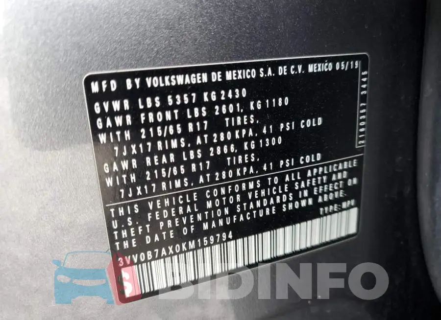 3VV0B7AX0KM159794 Photo# 12