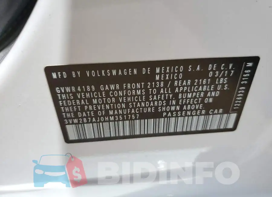 3VW2B7AJ0HM351757 Photo# 12