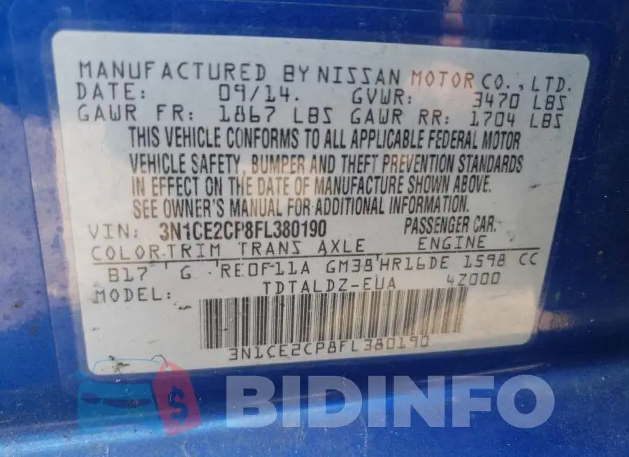 3N1CE2CP8FL380190 Photo# 12