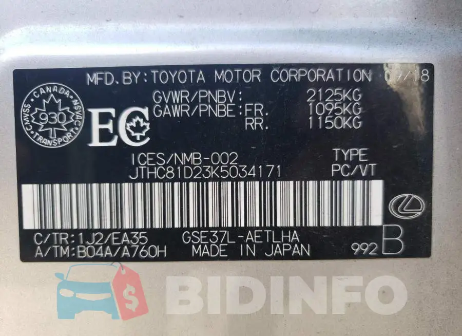 JTHC81D23K5034171 Photo# 12