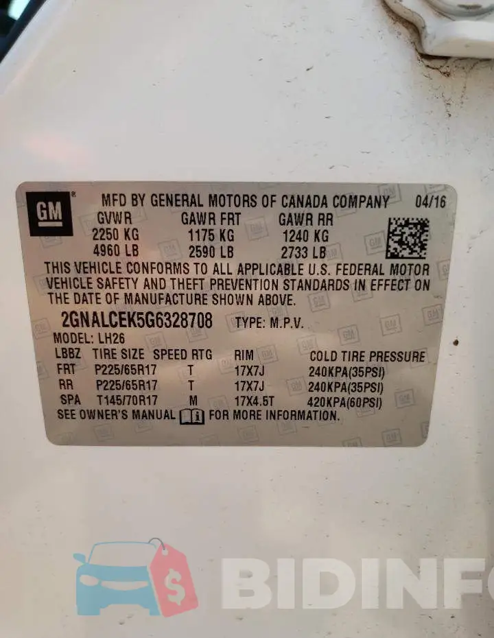 2GNALCEK5G6328708 Photo# 14