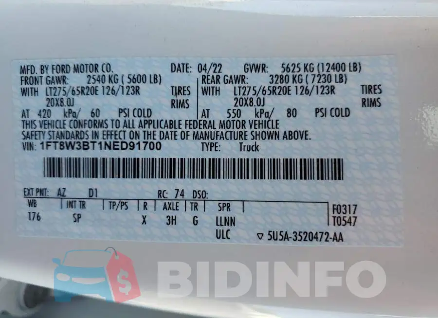 1FT8W3BT1NED91700 Photo# 12