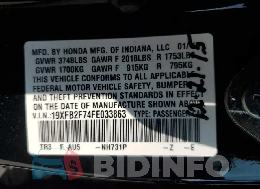 19XFB2F74FE033863 Photo# 12