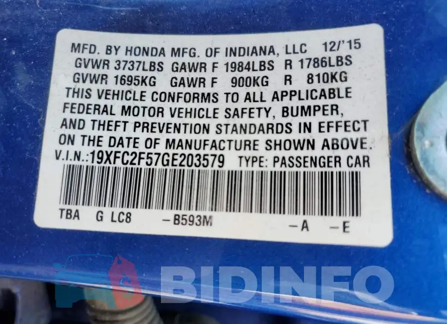 19XFC2F57GE203579 Photo# 12
