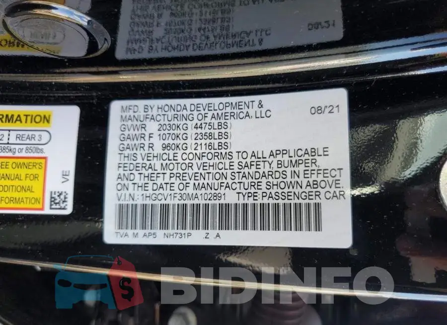 1HGCV1F30MA102891 Photo# 12