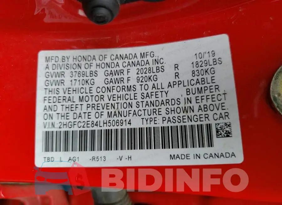 2HGFC2E84LH506914 Photo# 12