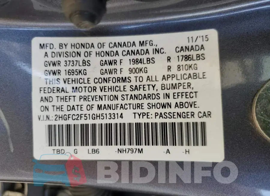 2HGFC2F51GH513314 Photo# 12