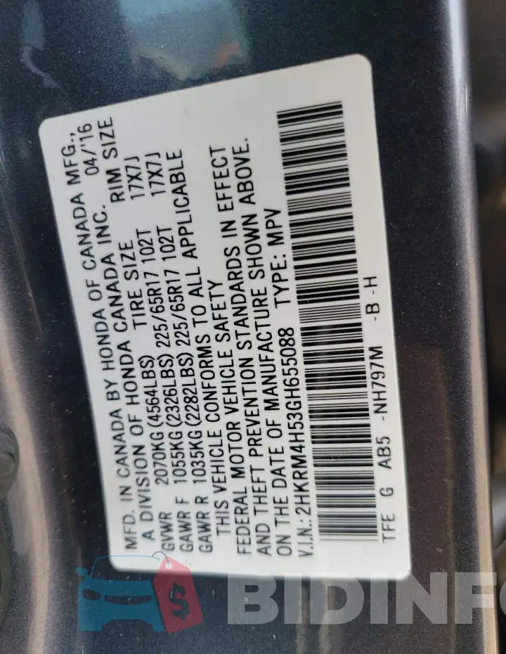 2HKRM4H53GH655088 Photo# 13