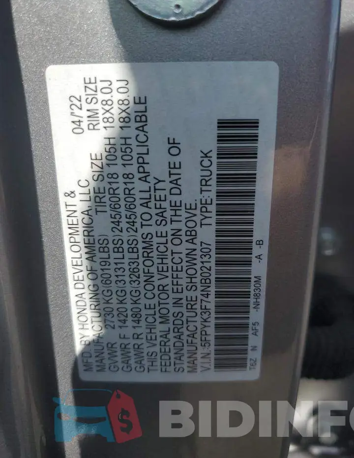 5FPYK3F74NB021307 Photo# 12