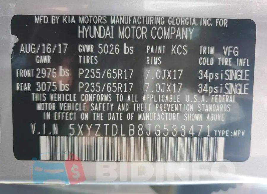 5XYZTDLB8JG533471 Photo# 14