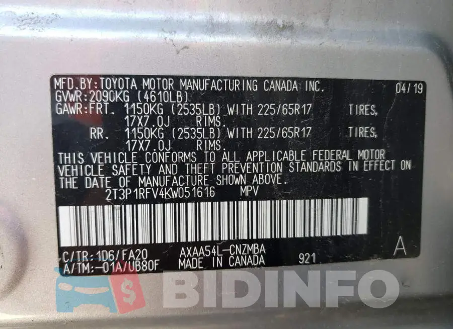 2T3P1RFV4KW051616 Photo# 13