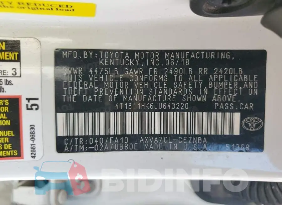 4T1B11HK6JU643220 Photo# 12