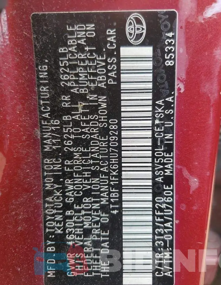 4T1BF1FK6HU709280 Photo# 12