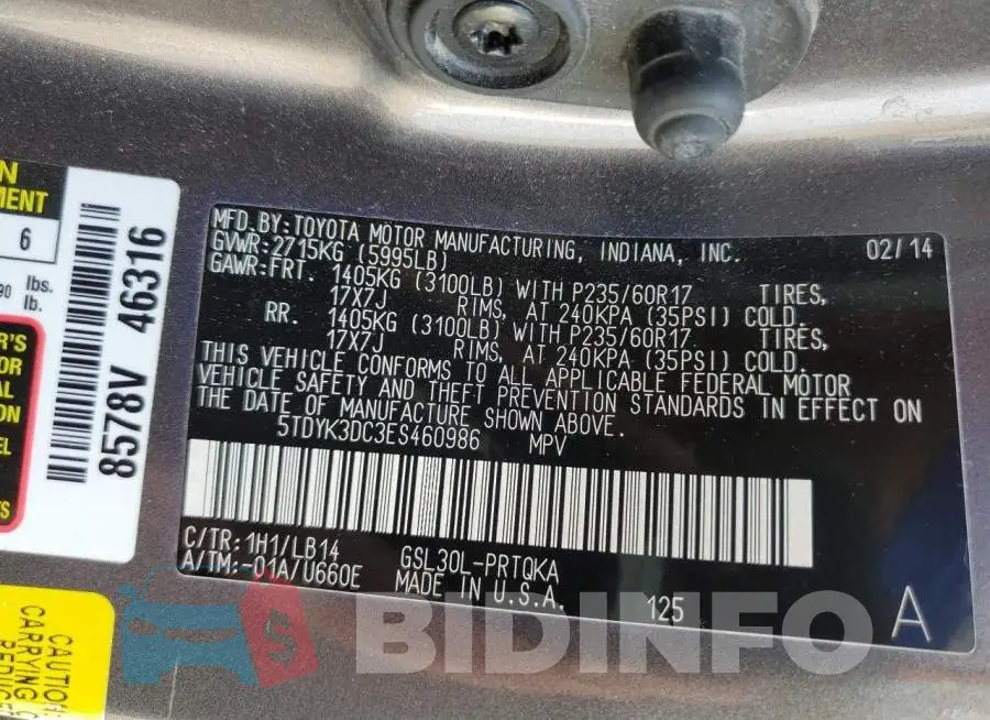 5TDYK3DC3ES460986 Photo# 13
