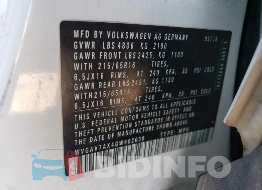 WVGAV7AX4GW602039 Photo# 13