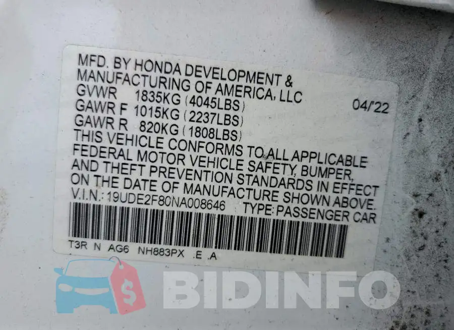 19UDE2F80NA008646 Photo# 13