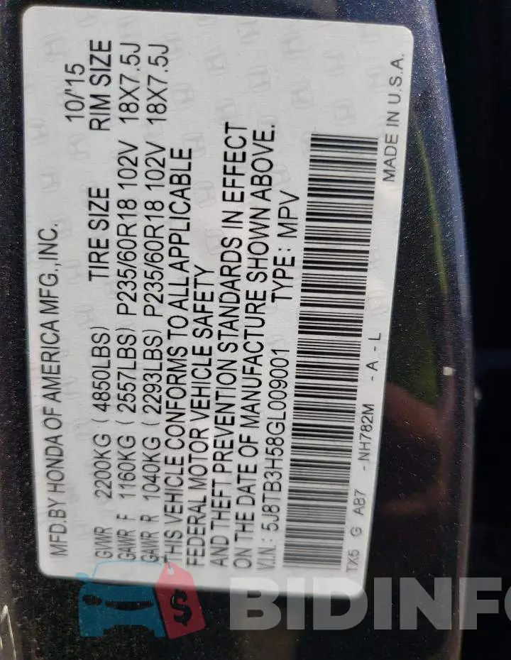 5J8TB3H58GL009001 Photo# 13