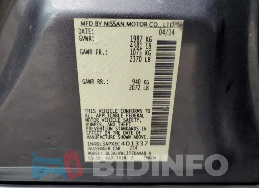 1N4BL3APXEC401337 Photo# 12