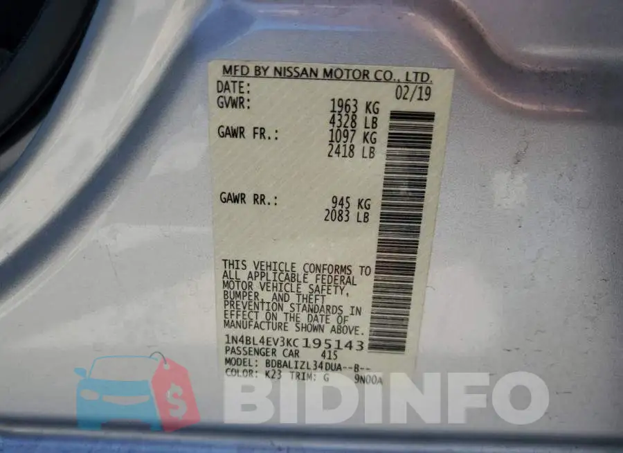 1N4BL4EV3KC195143 Photo# 13