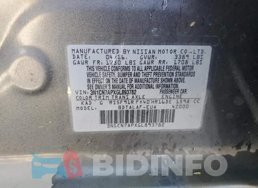 3N1CN7APXGL893782 Photo# 12