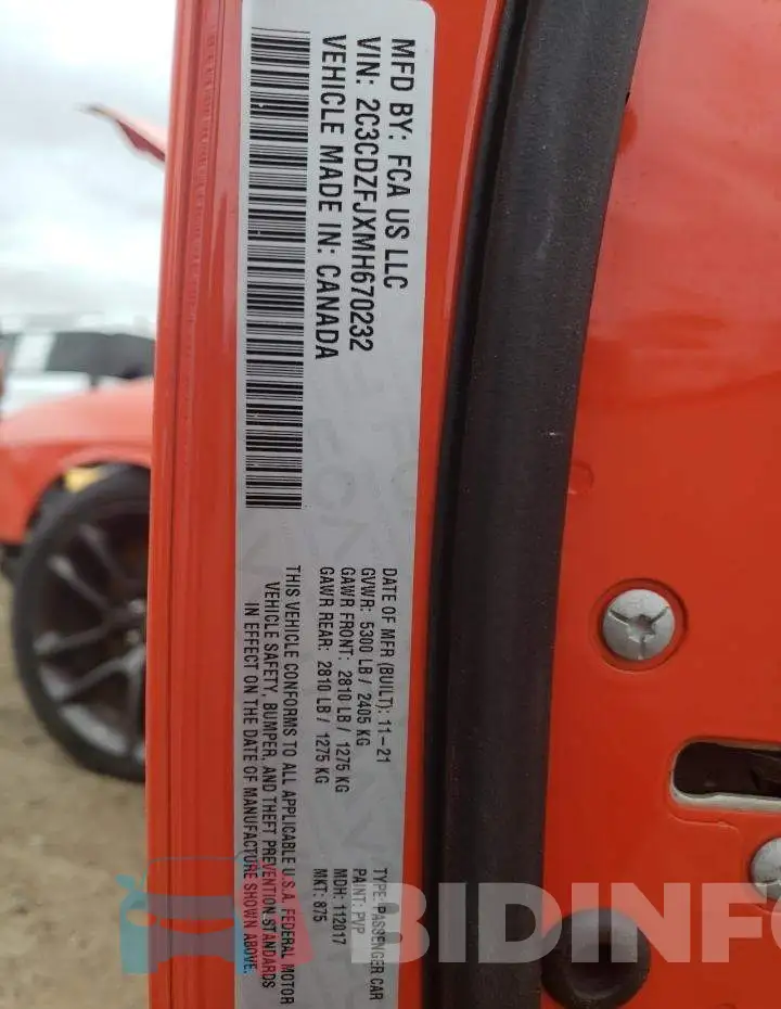 2C3CDZFJXMH670232 Photo# 12
