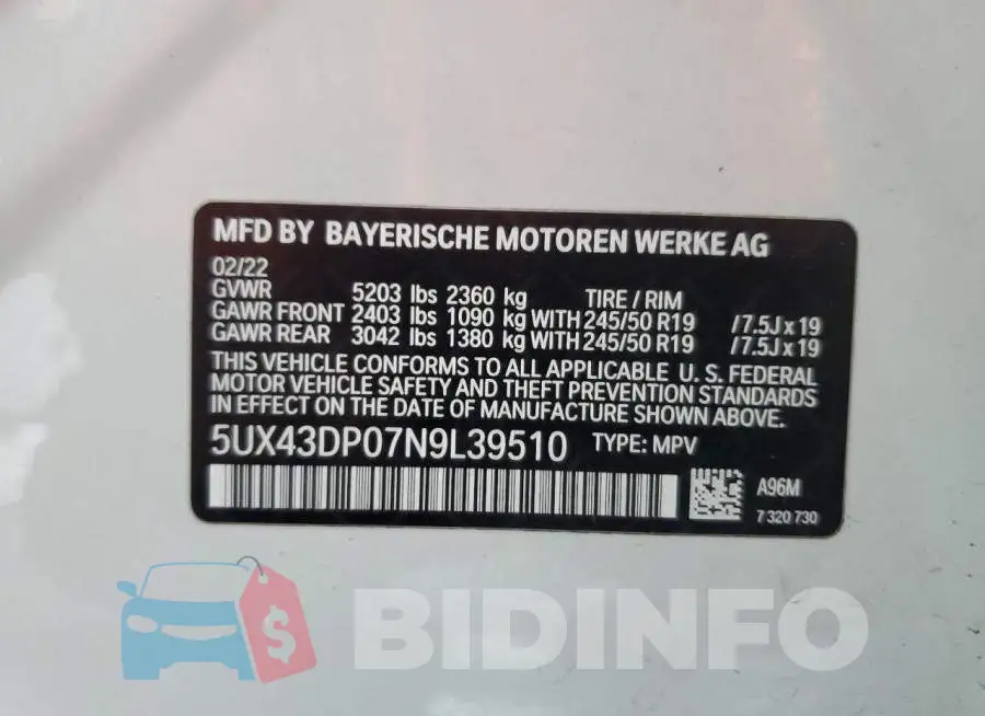 5UX43DP07N9L39510 Photo# 13
