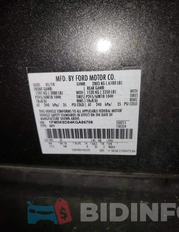 1FM5K8D84KGA86708 Photo# 13