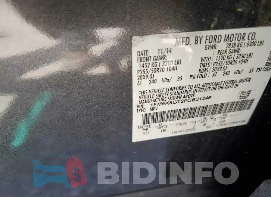 1FM5K8GT2FGB31246 Photo# 13