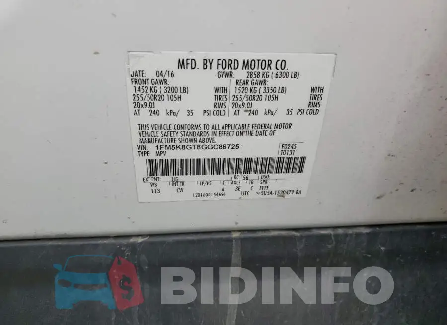 1FM5K8GT8GGC86725 Photo# 14