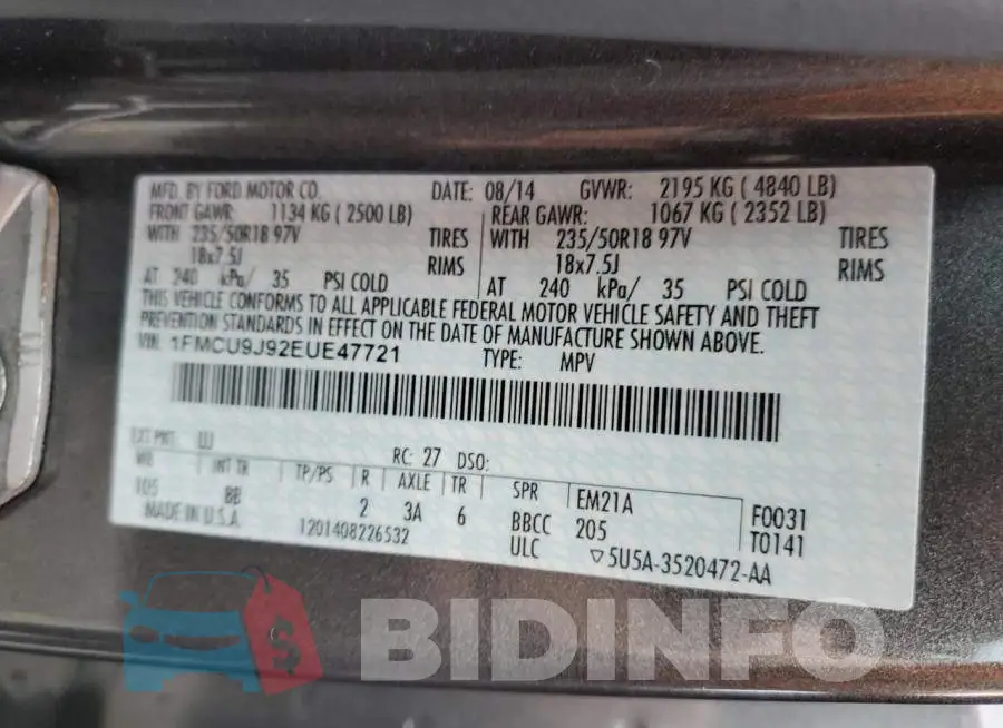 1FMCU9J92EUE47721 Photo# 12