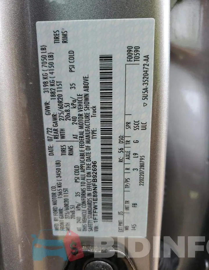 1FTFW1E89NFB92696 Photo# 12