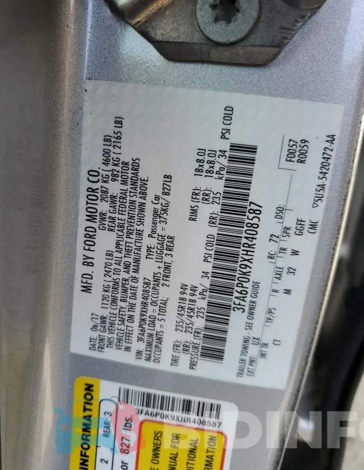3FA6P0K9XHR408587 Photo# 12