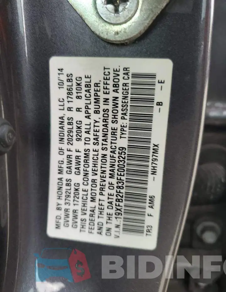 19XFB2F83FE003259 Photo# 12