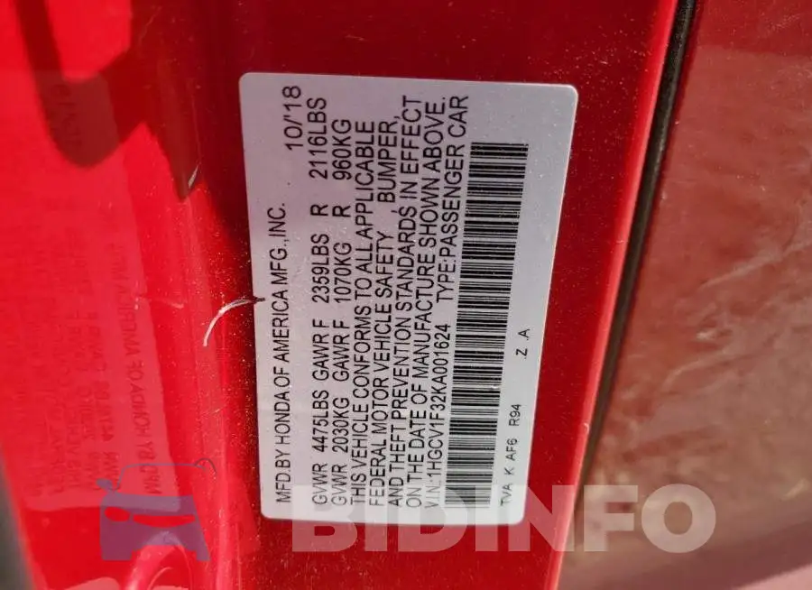 1HGCV1F32KA001624 Photo# 12