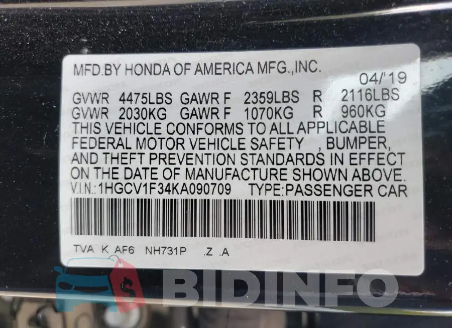 1HGCV1F34KA090709 Photo# 12